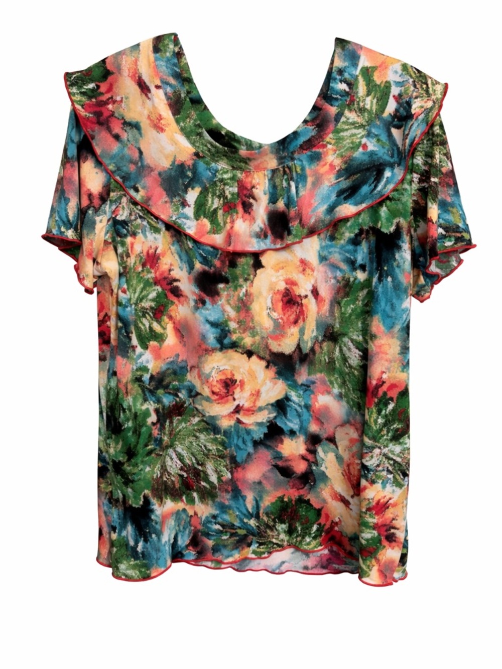 Floral Ruffle Neck Short Sleeve Top - Multi 1x